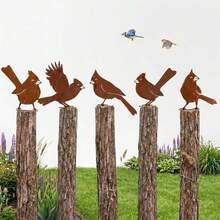 5pcs Vintage Distressed Metal Bird Decor, Outdoor Fence Cardinal Shaped Garden Yard Ornament - Rusty Bird Five-piece Set - View 1
