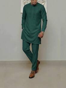 2026 New African Style Beaded Long Sleeve Top And Pants - Traditional Casual 2 Pieces Set For Men - Dark Green - View 1