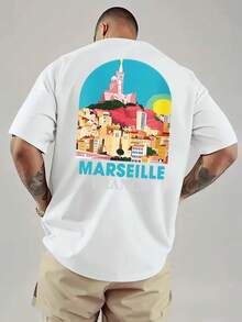 Lässiges Herren-Sommer-T-Shirt mit französischem Motiv – Aufdruck mit Buchstaben und Denkmälern Frankreichs, leichtes Kurzarm-Shirt mit Rundhalsausschnitt in hellrosa Farben - Schwarz - Übersicht 8