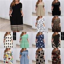 Plus Size Women Summer 2026 New Arrival Round Neck Contrast Color Short Sleeve Dress With Pockets Comfortable Elegant Fashion - Green Flowers - View 2