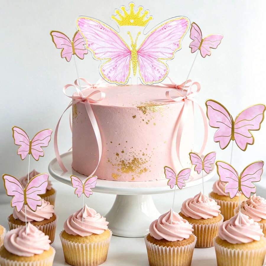 1 Stück/10 Stück/21 Stück/Set Rosa Schleife Happy Birthday Kuchenaufsatz Krone Schmetterling Cupcake Aufsatz Geburtstagskuchen Dekoration - Mehrfarbig - Übersicht 1