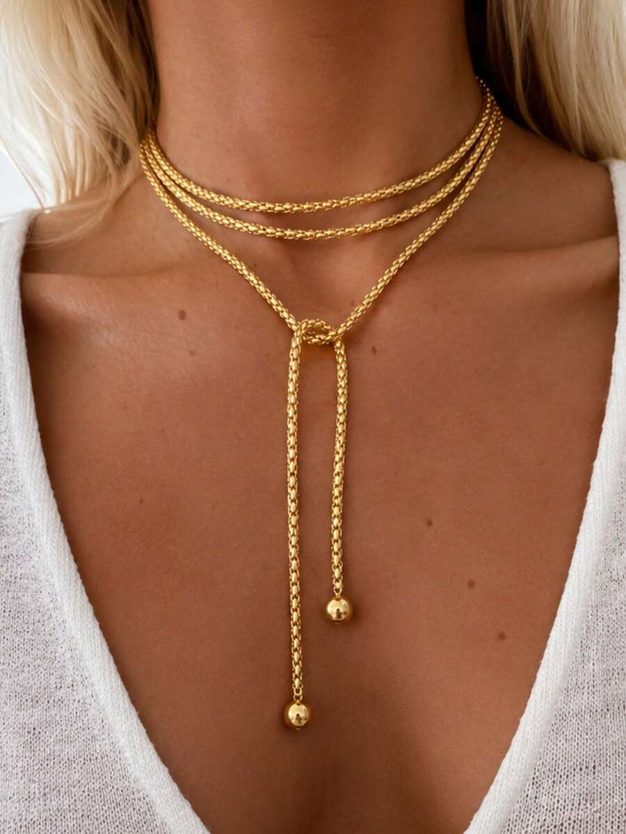 1pc Fashion Casual Minimalist Multi-Layer Wrap Long Necklace For Women, Suitable For Daily Wear, Date, Party, Vacation, Travel, Ideal Gift For Girlfriend And Mom - Yellow Gold - View 1