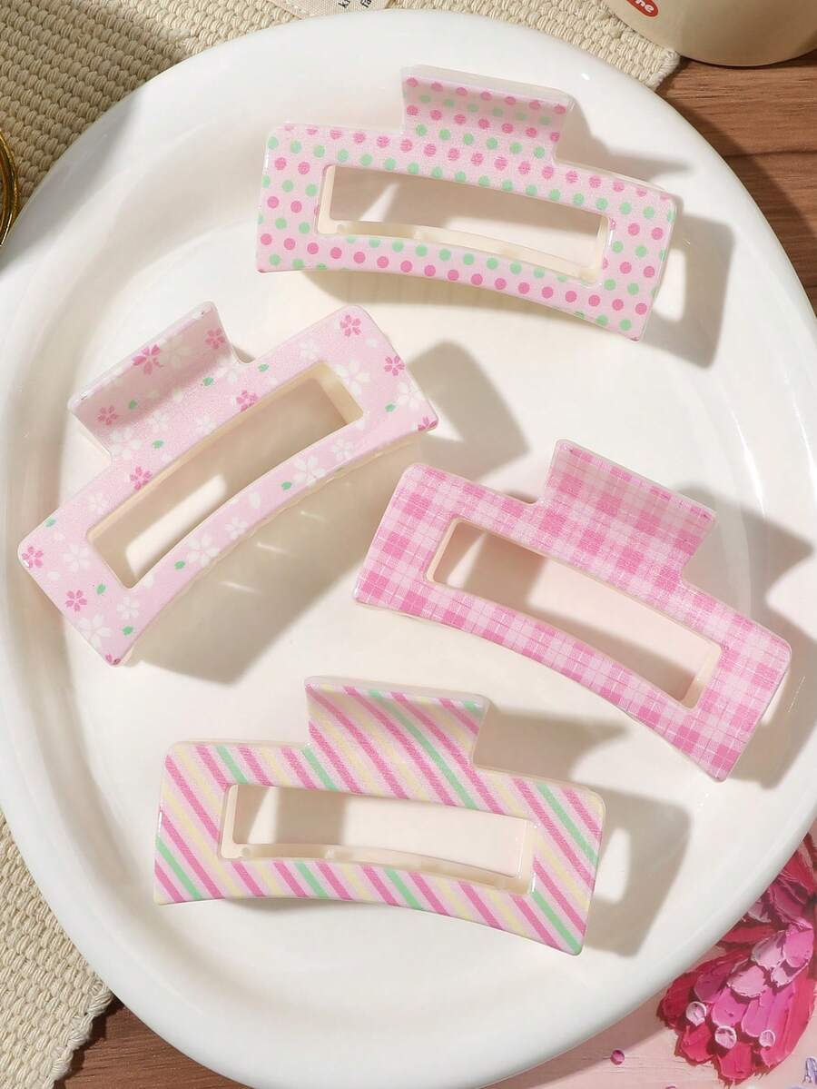 4件組粉色PC材質條紋波點格紋花卉印花方形髮夾,半紮髮髻髮圈,碎髮整理夾,後腦勺髮夾,分髮造型夾,慵懶女孩髮飾,波希米亞溫柔田園風,柔軟觸感,休閒街頭風,下午茶髮飾海灘度假髮夾 - 彩色 - 查看 1