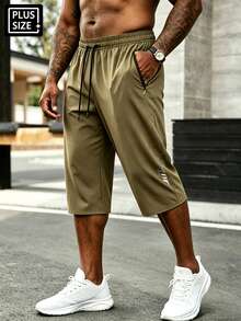3 piezas Pantalones cortos de verano de 3/4 de largo para hombre talla grande, pantalones casuales con cintura elástica y cordón, pantalones deportivos con bolsillo con cremallera, adecuados para correr y fitness - Multicolor - Ver 6