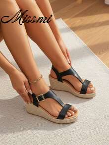 Women's Retro Open Toe Comfortable Straw Braided Platform Wedge High Heel Sandals,Spring Summer Outfits - Black - View 7