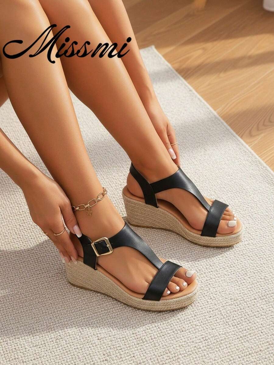 Women's Retro Open Toe Comfortable Straw Braided Platform Wedge High Heel Sandals,Spring Summer Outfits - Black - View 1