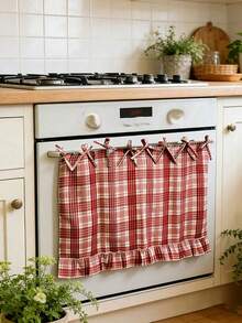 Handmade Farmhouse Style Oven Skirt Cover, Handmade Oven Cover, Heat Resistant Rustic Ruffled Tie-On Oven Skirt Cover, Easy To Install, Hides Clutter, Fits Stovetops, With Ties And Ruffle Trim, Fits All Oven Models. - Multicolor - View 4