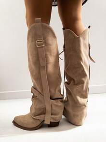 REYNEA Women's Cowboy Boots With Elegant Y2K Design And Decorative Buckle, Modern Vintage Western Style With Wrinkled Shaft, Ideal For Urban Or Casual Looks - 卡其色 - 查看 7