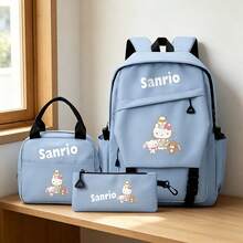 Miniso Ensemble de 3 pièces de sac à dos Sanrio Hello chat, sac à dos scolaire décontracté imprimé avec amis, combiné avec sac fourre-tout & trousse à crayons pour étudiants - Bleu azur - Voir 6