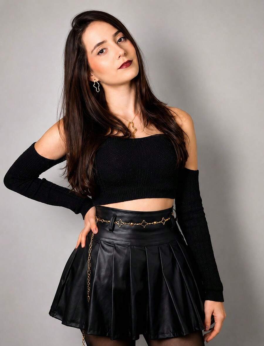 Women's Pleated Leather Skirt, Schoolgirl Style, Round Skirt, For June Festivals - 黑色 - 查看 1