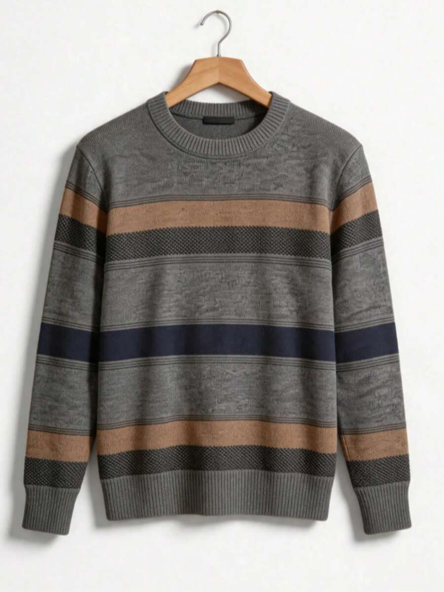 Men's Knitted Sweater, Round Neck, Long Sleeves, Premium Wool, Basic And Comfortable Winter Clothing - Listra Chumbo - 查看 1