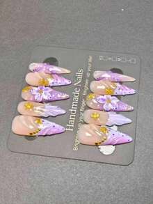 10Pcs Handmade Stiletto Press On Nails, Summer Purple Mermaid Ocean Core Style, 3D Purple Flower+Gold Starfish & Seashell Texture Reusable False Nail Tips For Beach Vacation Daily Party Wear - Lilac Purple - View 3