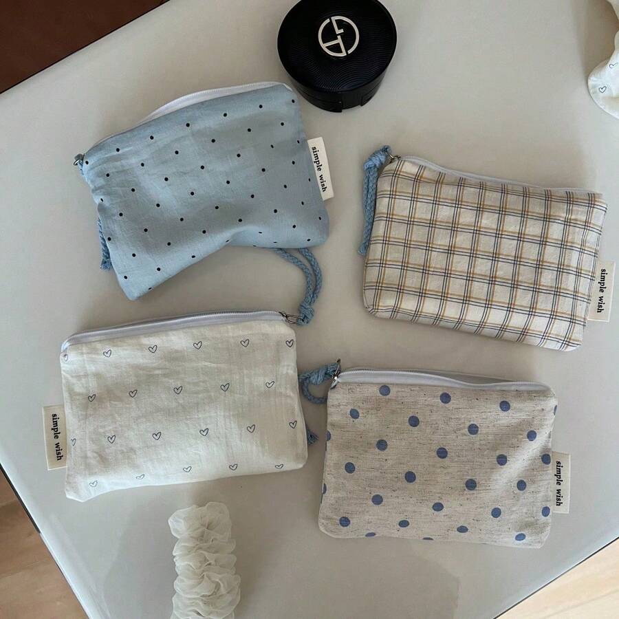[Suxi Pouch] Fresh Summer Ocean Blue Polka Dot Plaid Mini Fabric Coin Purse/Card Holder/Wristlet/Toiletry Bag - Multicolor - View 1