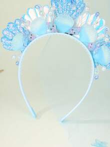 1 pieza Diadema de simulación de concha de sirena azul, accesorio para el cabello con tema marino lindo, adecuado para bodas temáticas, fiestas de cumpleaños y uso diario - Azul - Ver 4