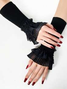 1 Pair Women's Solid Color Knitted Arm Warmers With Layered Ruffle Lace Trim, Elegant Layered Long Fingerless Gloves, Suitable For Daily And Party Wear - Multicolor - View 7