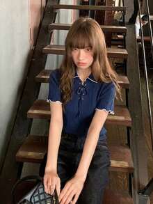 女士修身撞色短袖针织上衣，夏季 - 藍色 - 查看 3