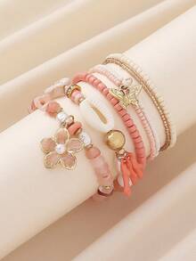 6pcs Bohemian Summer Vacation Style Creative Mix & Match Fashion Personalized Handmade Beaded Bracelet Set With Coral, Butterfly, Plumeria Charms, Layered, Multi-Strand, Elastic, Beaded, Suitable For Women, Bar, Party, Music Festival, Large Gathering, Perfect Gift For Friends And Family, All Seasons, Casual, Commute, Travel, Daily Wear - Flowers/Butterflies - View 3