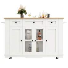 Kitchen Island, Removable Partitions, Kitchen Unit, Serving Cart With Worktop, Sideboard, Wood-Effect Serving Cart, Sideboard, Tempered Glass Display Cabinet, White - White - View 10