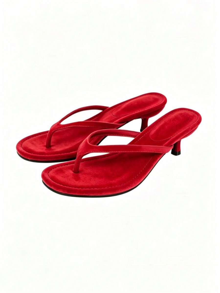 Red Suede Toe-Post Flip-Flop Heel, Summer New Low Commute Versatile Sandals, Comfortable Outdoor Beach, Kitten