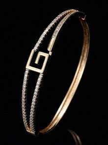 1pc Elegant Minimalist Low-Key Sophisticated Geometric Scroll Pattern Double-Layer Pave Zirconia Bracelet For Women, Daily Wear, Street Style, Photo-Ready, Matching Accessory - Bracelet - View 2