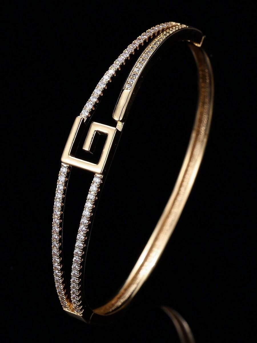 1pc Elegant Minimalist Low-Key Sophisticated Geometric Scroll Pattern Double-Layer Pave Zirconia Bracelet For Women, Daily Wear, Street Style, Photo-Ready, Matching Accessory
