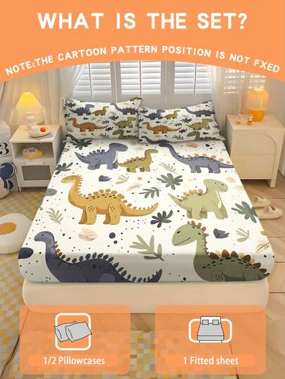 1/2/3pcs Cartoon Dinosaur Bedding Set, 1 Fitted Sheet + 1/2 Pillowcases, White Background Dinosaur Print Bedding, Colorful Jurassic Animal Mattress Protector, Soft Breathable All-Season, Twin/Full/Queen 100% Polyester