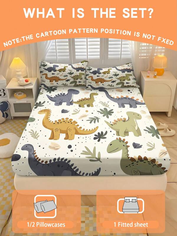 Juego de ropa de cama de dinosaurio de dibujos animados 1/2/3 piezas, 1 sábana ajustable + 1/2 fundas de almohada, ropa de cama con estampado de dinosaurio sobre fondo blanco, protector de colchón de animal jurásico colorido, suave y transpirable para todas las estaciones, Twin/Full/Queen 100% poliéster