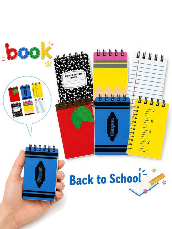 6pcs-Back To School Notebooks, Apple & Crayon Design, Welcome Back To School, Spiral Notebooks, Back To School Patterns, First Day Of School Teacher R