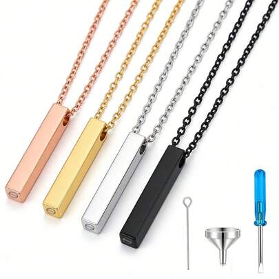 Vertical Bar Cremation Ashes Necklace Pendant, Unisex, Stainless Steel, Memorial Jewelry