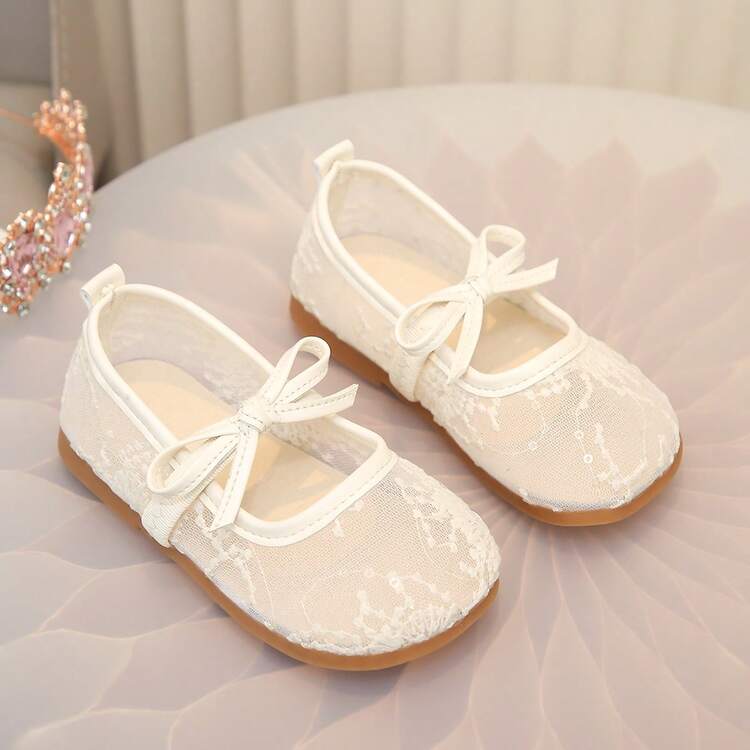 Children's Lace Bow Mary Jane Shoes, Summer Breathable Soft Sole Flat Shoes - Beige - View 1