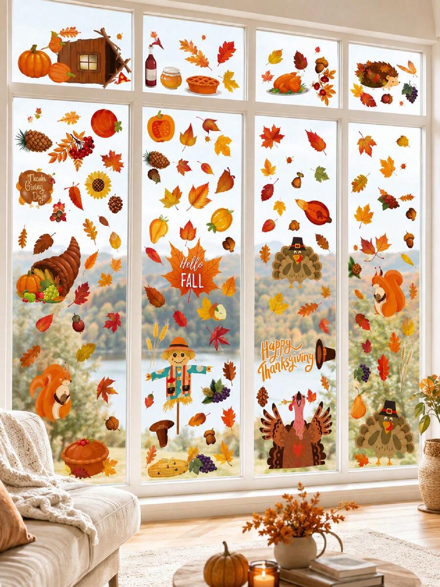 Thanksgiving Window Stickers, Autumn Static Cling Window Decals, Maple Leaf, Turkey And Pumpkin Glass Stickers, Thanksgiving And Autumn Home Decor, Suitable For Kitchen Windows, Party Supplies And Indoor/Outdoor Decoration - Multicolor - View 1