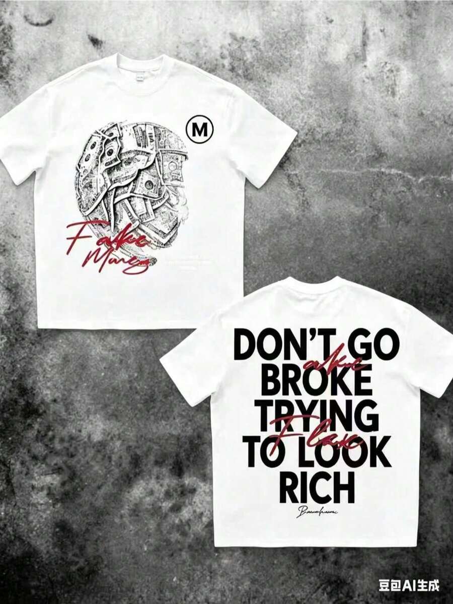 Money Print T-Shirt, 100% Cotton, 'Don't Run Out Of Money Trying To Look Rich' Print, Double-Sided Streetwear, 220g, Men's Casual Short Sleeve T-Shirts - 白色 - 查看 1