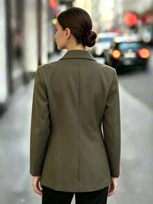 Women's Olive Green Lapel Collar Blazer With Button Detail, Long Sleeve Regular Coat In Polyester For Fall Outfits - Army Green - View 3
