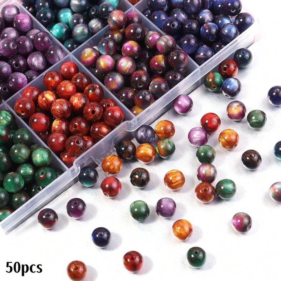 50 Buah Manik-Manik Bulat Imitasi Resin Batu Mata Harimau Berwarna-warni dengan Lubang Lurus, Manik-Manik Bulat Gradien Langit Berbintang Berkilau, Cocok untuk Pembuatan Perhiasan DIY - Untuk Gelang, Kalung, dan Anting-Anting, Manik-Manik Pembuatan Perhiasan