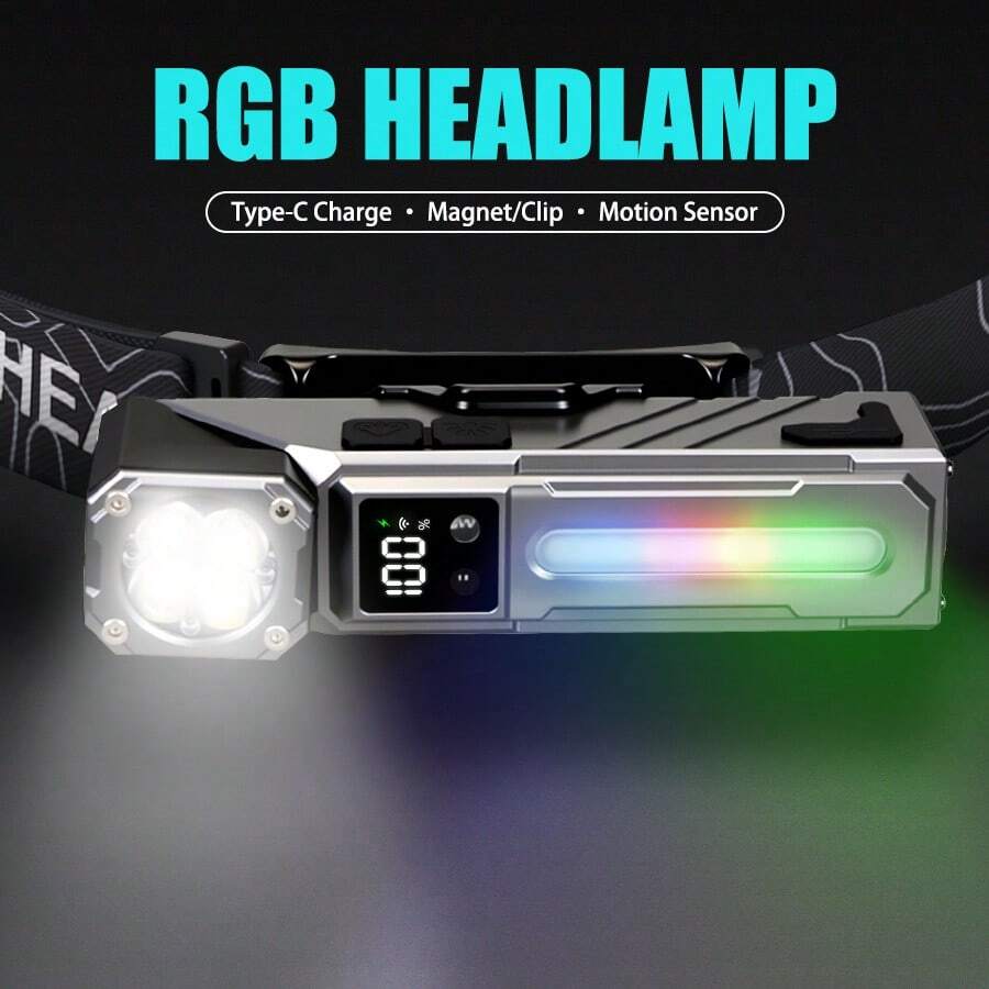 1 buah Lampu Kepala, Lampu Senter Sensor Gerak, Dilengkapi dengan Ikat Kepala dan Klip Penjepit. Desain Isi Ulang dengan Tampilan Daya Digital untuk Penggunaan Bebas Genggam. Ideal untuk Berkemah, Mendaki, Lari, Memancing, Keadaan Darurat di Luar Ruangan, dan Lainnya. - lampu depan - View 1