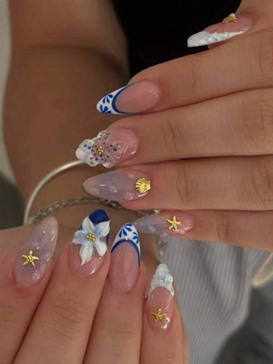 NAIO 24片/組長杏仁形穿戴式美甲,Y2K辣妹風,海洋靈感凝膠美甲,飾有3D花朵、海星、貝殼與金色裝飾,適合女性與女孩,派對與日常配戴,附工具組,女性美甲護理佳禮 - 彩色 - 查看 1