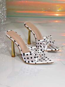 Women's White Bow Mesh Decor Pointed Toe High Heel Mule Sandals, Elegant Party High Heel Slippers - White - View 3