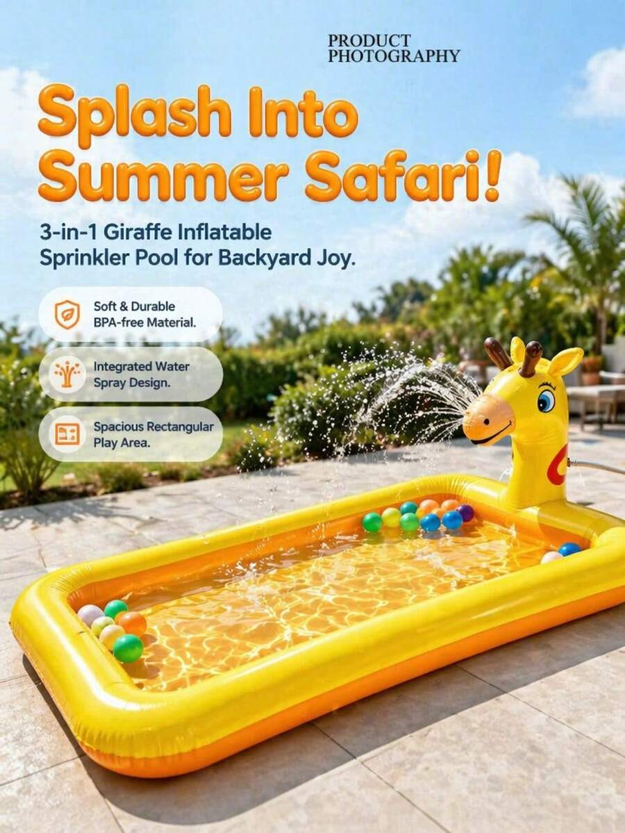Giraffe 4-In-1 Inflatable Water Mat, Swimming Pool And Sprinkler, Thickened Backyard Water Toy, Inflatable Pool, Party Game, Inflatable Pool Float, Holiday Essential - Multicolor - View 1