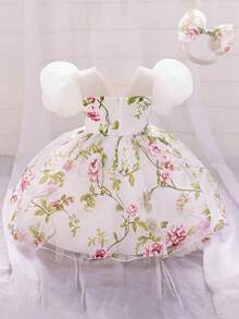 Baby Girls Puff Sleeve Floral Print Organza Cute Party Princess Dress, Fabric Floral Pattern Random Cut, Bag Not Included - White - View 5