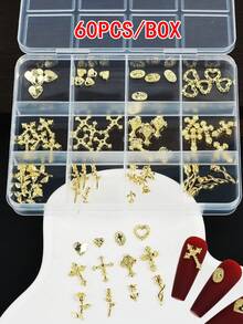 This 60-Piece Nail Art Accessory Box Features A Mix Of Designs Including Hearts, Roses, And Crosses, Specially Designed For Girls And Women. It Allows You To Easily Create Unique DIY Nail Art Looks And Is A Must-Have For Nail Art Enthusiasts. Nail Charms - Gold - View 4