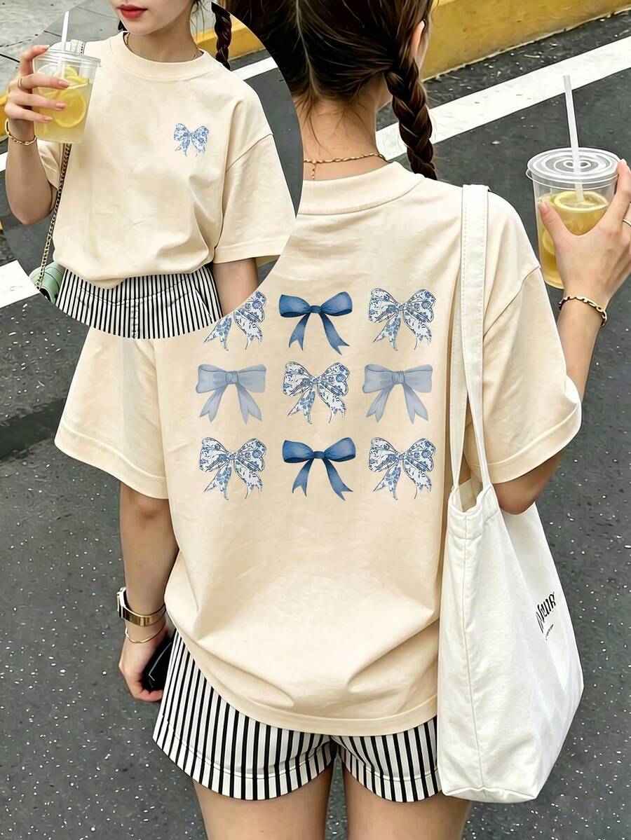 1件少女休闲蝴蝶结印花圆领短袖T恤，夏季学生青少年服装 - 艺术风格T恤，激发想象力和自我表达