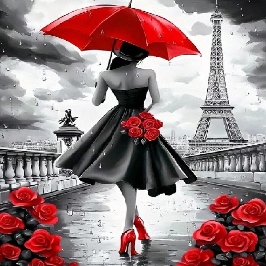 1pc 5D Full Round Drill Diamond Painting Kit, Rainy Paris Eiffel Tower Back View Lady With Red Umbrella Red Rose Pattern, 30*40cm Unframed DIY Rhinestone Embroidery Wall Decor Craft Gift For Adult Beginners