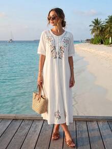 Spring Summer Autumn Elegant Bohemian Romantic Vintage Floral Embroidery Design Heavy Embroidery Casual Women's Mid-Length Dress, Vacation Commute Holiday Casual Fresh Daily Outing Birthday Party Versatile Dress Casual Boho Vintage Long White Midi Dress V Neck Embroidery - White - View 1