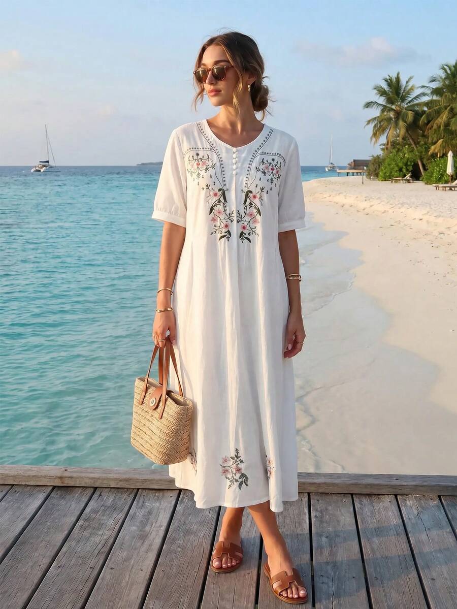 Spring Summer Autumn Elegant Bohemian Romantic Vintage Floral Embroidery Design Heavy Embroidery Casual Women's Mid-Length Dress, Vacation Commute Holiday Casual Fresh Daily Outing Birthday Party Versatile Dress Casual Boho Vintage Long White Midi Dress V Neck Embroidery - White - View 1