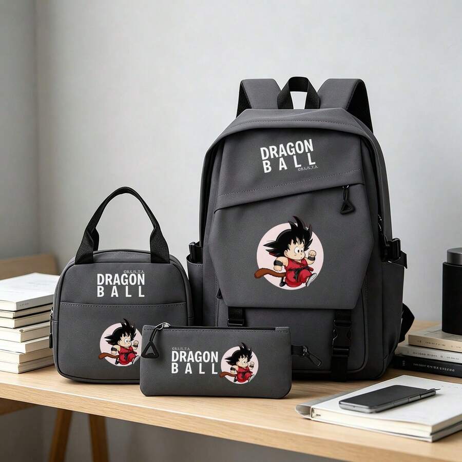 Miniso Ensemble de sac à dos gris Dragon Ball Kid Goku avec imprimé anime, 3 pièces Sac d'école avec sac à lunch & trousse à crayons, sac à dos de voyage léger pour garçons et filles - Gris - Voir 1