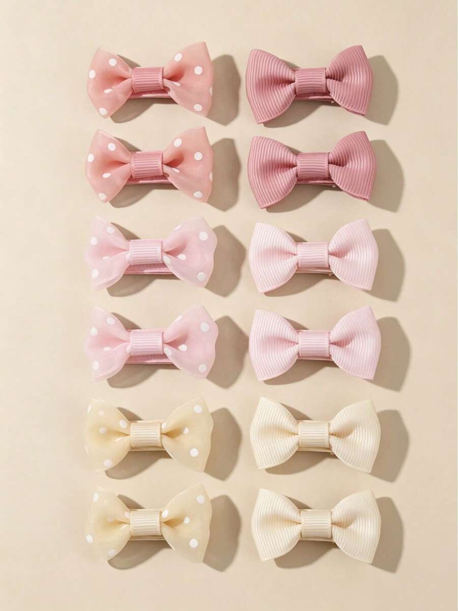 12pcs/Set Cute Polka Dot Solid Color Bow Hair Clips For Baby Girls, Perfect Gift For Girls For Holiday And Daily Use - Multicolor - View 1