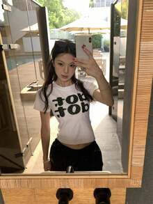 2026 Summer New Arrival Women's Short-Sleeve T-Shirt, Slim Fit, Printed Pattern, Gal Style, Beach Resort, Off-Shoulder Top, Casual, 1 Item - White - View 2