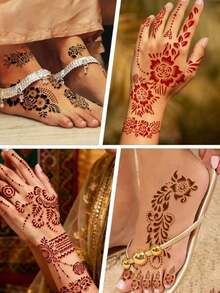 8pcs Reusable Henna Tattoo Stencils, Suitable For Hand And Body Painting, Floral Pattern, Temporary Tattoo Stencils, Sleeve Tattoo, Wedding Bridal Makeup - Multicolor - View 2