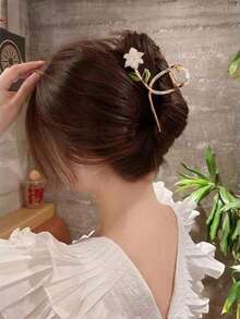 1 pieza Pinza de pelo con flor de rosa de perla, adecuada para uso diario - Blanco - Ver 4