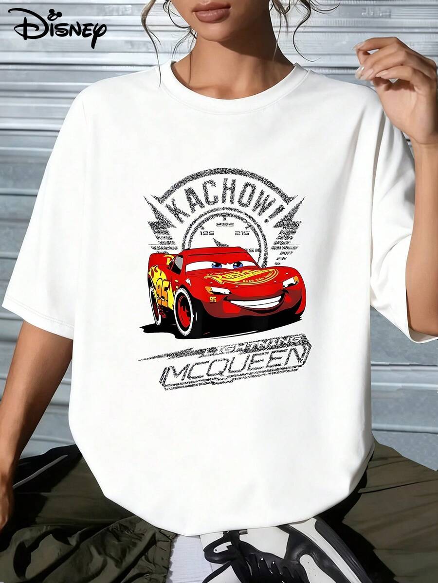 Disney  Cars Lightning McQueen Kachow Print Crew Neck Tee, Retro Racing Graphic, Vintage Style Cartoon Character Casual Top - 白色 - 查看 1